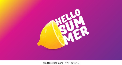 Vector Hello Summer Beach Party horizontal banner Design template with fresh lemon isolated on violet gradient background. Hello summer concept label or poster with orange fruit and typographic text.