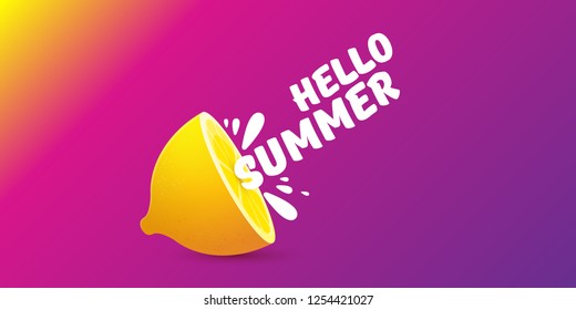 Vector Hello Summer Beach Party horizontal banner Design template with fresh lemon isolated on violet gradient background. Hello summer concept label or poster with orange fruit and typographic text.