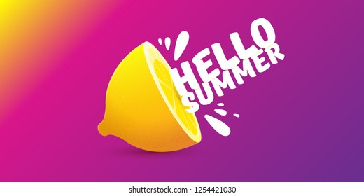 Vector Hello Summer Beach Party horizontal banner Design template with fresh lemon isolated on violet gradient background. Hello summer concept label or poster with orange fruit and typographic text.