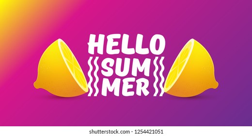 Vector Hello Summer Beach Party horizontal banner Design template with fresh lemon isolated on violet gradient background. Hello summer concept label or poster with orange fruit and typographic text.