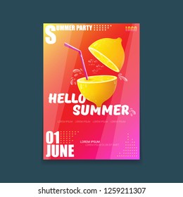 Vector Hello Summer Beach Party vertical A4 poster Design template or mock up with fresh lemon on red modern style gradient background. Hello summer concept label or flyer