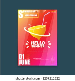 Vector Hello Summer Beach Party vertical A4 poster Design template or mock up with fresh lemon on red modern style gradient background. Hello summer concept label or flyer