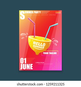 Vector Hello Summer Beach Party vertical A4 poster Design template or mock up with fresh lemon on red modern style gradient background. Hello summer concept label or flyer