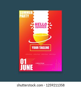 Vector Hello Summer Beach Party vertical A4 poster Design template or mock up with fresh lemon on red modern style gradient background. Hello summer concept label or flyer