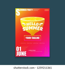 Vector Hello Summer Beach Party vertical A4 poster Design template or mock up with fresh lemon on red modern style gradient background. Hello summer concept label or flyer