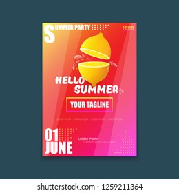Vector Hello Summer Beach Party vertical A4 poster Design template or mock up with fresh lemon on red modern style gradient background. Hello summer concept label or flyer