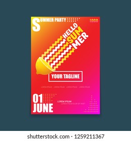 Vector Hello Summer Beach Party vertical A4 poster Design template or mock up with fresh lemon on red modern style gradient background. Hello summer concept label or flyer