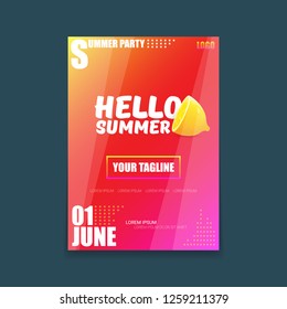 Vector Hello Summer Beach Party vertical A4 poster Design template or mock up with fresh lemon on red modern style gradient background. Hello summer concept label or flyer