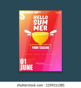 Vector Hello Summer Beach Party vertical A4 poster Design template or mock up with fresh lemon on red modern style gradient background. Hello summer concept label or flyer