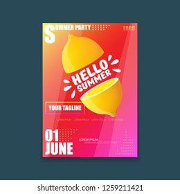 Vector Hello Summer Beach Party vertical A4 poster Design template or mock up with fresh lemon on red modern style gradient background. Hello summer concept label or flyer