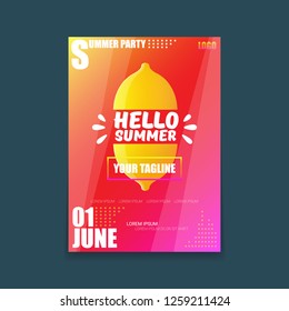 Vector Hello Summer Beach Party vertical A4 poster Design template or mock up with fresh lemon on red modern style gradient background. Hello summer concept label or flyer