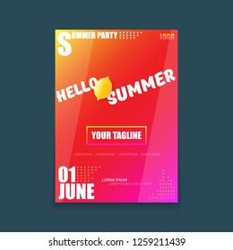 Vector Hello Summer Beach Party vertical A4 poster Design template or mock up with fresh lemon on red modern style gradient background. Hello summer concept label or flyer