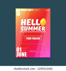 Vector Hello Summer Beach Party vertical A4 poster Design template or mock up with fresh lemon on red modern style gradient background. Hello summer concept label or flyer