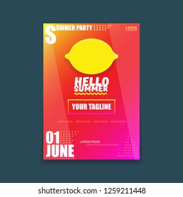 Vector Hello Summer Beach Party vertical A4 poster Design template or mock up with fresh lemon on red modern style gradient background. Hello summer concept label or flyer