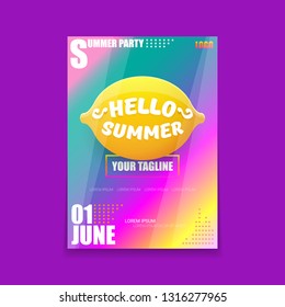 Vector Hello Summer Beach Party vertical A4 poster Design template or mock up with fresh lemon on ultra violet modern style gradient background. Hello summer concept label or flyer