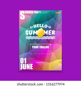 Vector Hello Summer Beach Party vertical A4 poster Design template or mock up with fresh lemon on ultra violet modern style gradient background. Hello summer concept label or flyer