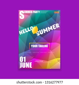 Vector Hello Summer Beach Party vertical A4 poster Design template or mock up with fresh lemon on ultra violet modern style gradient background. Hello summer concept label or flyer
