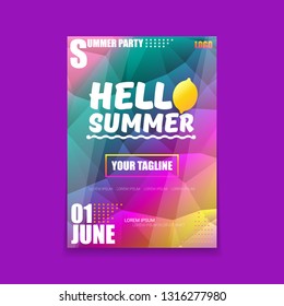 Vector Hello Summer Beach Party vertical A4 poster Design template or mock up with fresh lemon on ultra violet modern style gradient background. Hello summer concept label or flyer