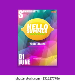 Vector Hello Summer Beach Party vertical A4 poster Design template or mock up with fresh lemon on ultra violet modern style gradient background. Hello summer concept label or flyer