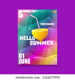 Vector Hello Summer Beach Party vertical A4 poster Design template or mock up with fresh lemon on ultra violet modern style gradient background. Hello summer concept label or flyer