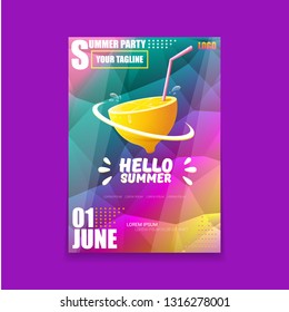 Vector Hello Summer Beach Party vertical A4 poster Design template or mock up with fresh lemon on ultra violet modern style gradient background. Hello summer concept label or flyer