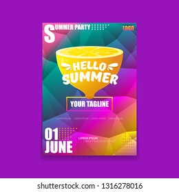 Vector Hello Summer Beach Party vertical A4 poster Design template or mock up with fresh lemon on ultra violet modern style gradient background. Hello summer concept label or flyer