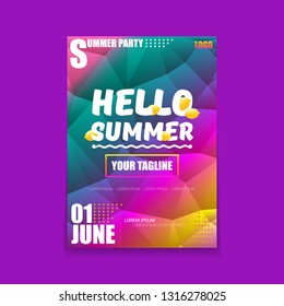Vector Hello Summer Beach Party vertical A4 poster Design template or mock up with fresh lemon on ultra violet modern style gradient background. Hello summer concept label or flyer