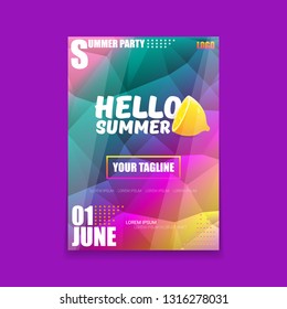 Vector Hello Summer Beach Party vertical A4 poster Design template or mock up with fresh lemon on ultra violet modern style gradient background. Hello summer concept label or flyer
