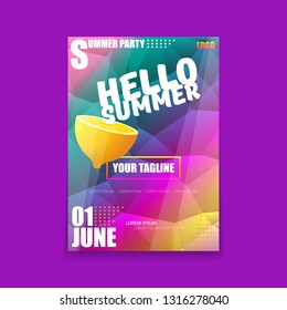 Vector Hello Summer Beach Party vertical A4 poster Design template or mock up with fresh lemon on ultra violet modern style gradient background. Hello summer concept label or flyer