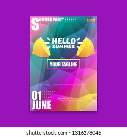 Vector Hello Summer Beach Party vertical A4 poster Design template or mock up with fresh lemon on ultra violet modern style gradient background. Hello summer concept label or flyer