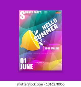 Vector Hello Summer Beach Party vertical A4 poster Design template or mock up with fresh lemon on ultra violet modern style gradient background. Hello summer concept label or flyer