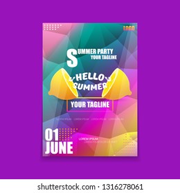 Vector Hello Summer Beach Party vertical A4 poster Design template or mock up with fresh lemon on ultra violet modern style gradient background. Hello summer concept label or flyer
