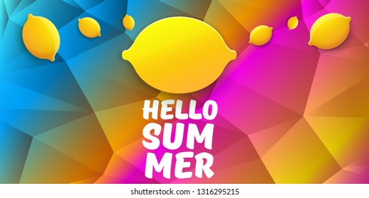 Vector Hello Summer Beach Party horizontal banner Design template with fresh lemon isolated on color gradient background. Hello summer concept label or poster with orange fruit and typographic text.