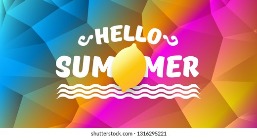 Vector Hello Summer Beach Party horizontal banner Design template with fresh lemon isolated on color gradient background. Hello summer concept label or poster with orange fruit and typographic text.