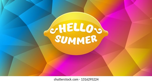 Vector Hello Summer Beach Party horizontal banner Design template with fresh lemon isolated on color gradient background. Hello summer concept label or poster with orange fruit and typographic text.