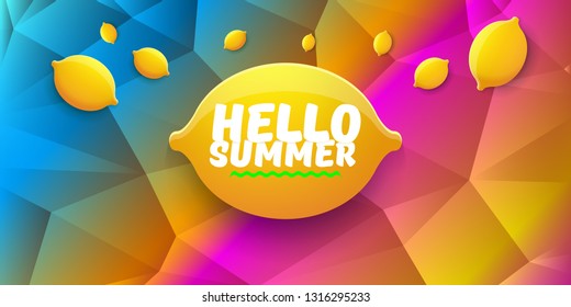 Vector Hello Summer Beach Party horizontal banner Design template with fresh lemon isolated on color gradient background. Hello summer concept label or poster with orange fruit and typographic text.