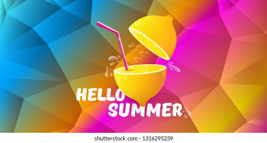 Vector Hello Summer Beach Party horizontal banner Design template with fresh lemon isolated on color gradient background. Hello summer concept label or poster with orange fruit and typographic text.