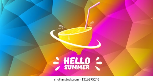 Vector Hello Summer Beach Party horizontal banner Design template with fresh lemon isolated on color gradient background. Hello summer concept label or poster with orange fruit and typographic text.