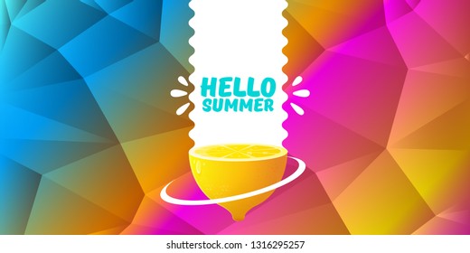 Vector Hello Summer Beach Party horizontal banner Design template with fresh lemon isolated on color gradient background. Hello summer concept label or poster with orange fruit and typographic text.