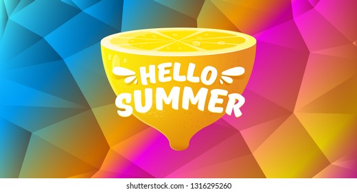 Vector Hello Summer Beach Party horizontal banner Design template with fresh lemon isolated on color gradient background. Hello summer concept label or poster with orange fruit and typographic text.