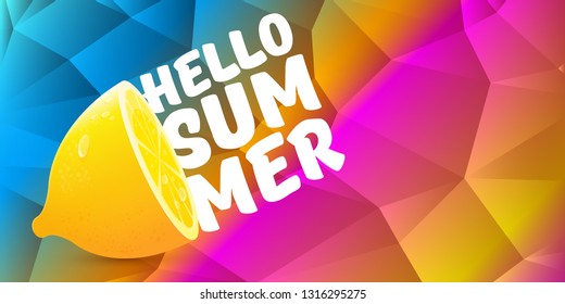 Vector Hello Summer Beach Party horizontal banner Design template with fresh lemon isolated on color gradient background. Hello summer concept label or poster with orange fruit and typographic text.