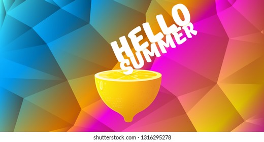 Vector Hello Summer Beach Party horizontal banner Design template with fresh lemon isolated on color gradient background. Hello summer concept label or poster with orange fruit and typographic text.