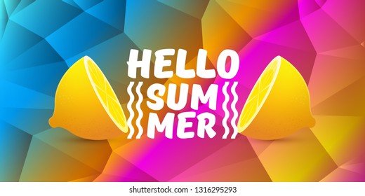 Plantilla Horizontal del diseño del Anuncio del partido de la playa del verano del Vector con el limón fresco aislado en fondo del gradiente del color. Hola concepto de verano etiqueta o cartel con fruta naranja y texto tipográfico.