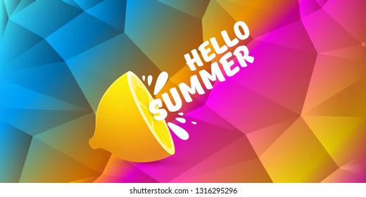 Vector Hello Summer Beach Party horizontal banner Design template with fresh lemon isolated on color gradient background. Hello summer concept label or poster with orange fruit and typographic text.