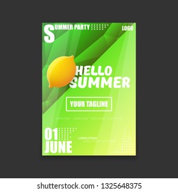 Vector Hello Summer Beach Party vertical A4 poster Design template or mock up with fresh lemon on green modern style gradient background. Hello summer concept label or flyer 