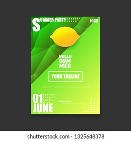 Vector Hello Summer Beach Party vertical A4 poster Design template or mock up with fresh lemon on green modern style gradient background. Hello summer concept label or flyer 