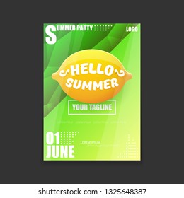 Vector Hello Summer Beach Party vertical A4 poster Design template or mock up with fresh lemon on green modern style gradient background. Hello summer concept label or flyer 