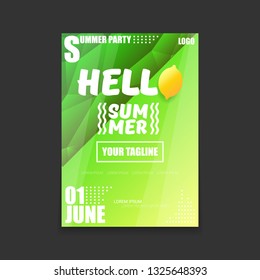 Vector Hello Summer Beach Party vertical A4 poster Design template or mock up with fresh lemon on green modern style gradient background. Hello summer concept label or flyer 