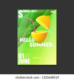 Vector Hello Summer Beach Party vertical A4 poster Design template or mock up with fresh lemon on green modern style gradient background. Hello summer concept label or flyer 