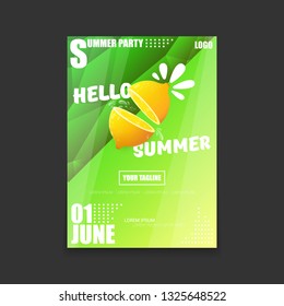 Vector Hello Summer Beach Party vertical A4 poster Design template or mock up with fresh lemon on green modern style gradient background. Hello summer concept label or flyer 